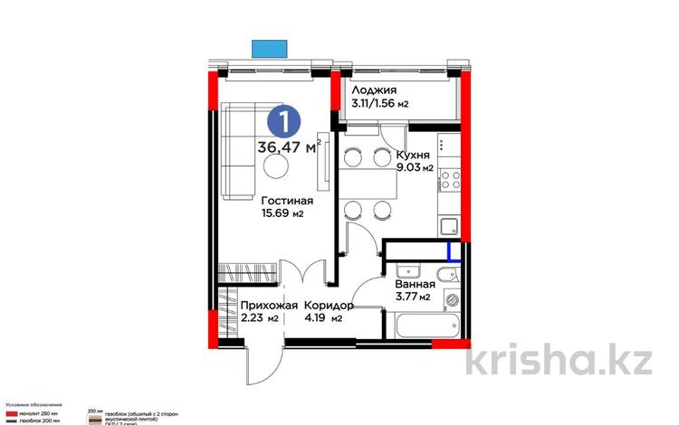 1-комнатная квартира · 36.47 м² · 8/14 этаж, Е 915 19 за 22.5 млн ₸ в Астане, Есильский р-н — фото 2