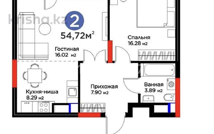 2-бөлмелі пәтер · 54.7 м² · 13/16 қабат, Динмухамед Конаев 3, бағасы: 63 млн ₸ в Астане, Есильский р-н — фото 2