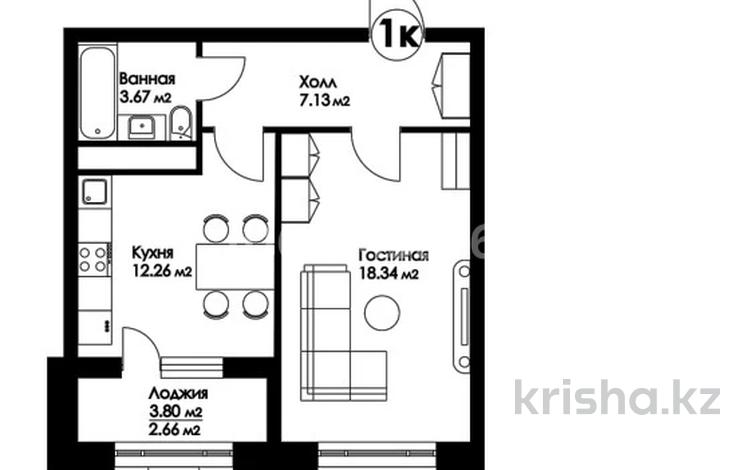 1-комнатная квартира, 43.76 м², 2/9 этаж, Нажимеденова