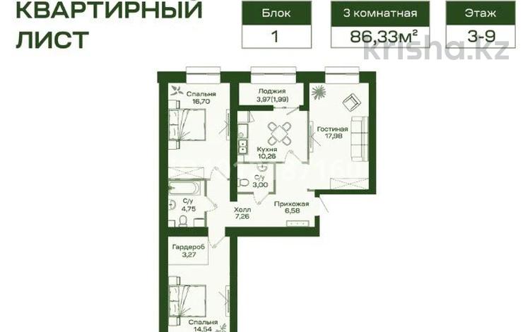 3-бөлмелі пәтер · 86.3 м² · 3/9 қабат, Улы Дала 38 — Туран, бағасы: 51 млн ₸ в Астане, Нура р-н — фото 2