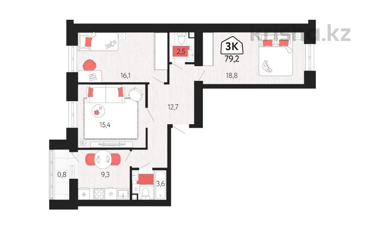 3-комнатная квартира · 79.8 м² · 9/9 этаж, Назарбаева за ~ 35.9 млн ₸ в Костанае — фото 2