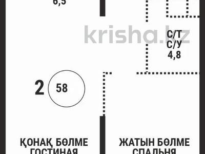 2-бөлмелі пәтер · 58 м² · 3/9 қабат, Каныша Сатпаева 90а/1, бағасы: ~ 45.4 млн ₸ в Алматы, Бостандыкский р-н