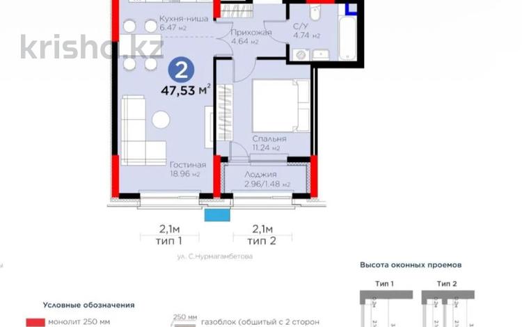 2-бөлмелі пәтер · 47.5 м² · 2/13 қабат, Сагадат Нурмагамбетов 17 — Казахский национальный музыкально-драматический театр им. Калибека Куанышбаева, бағасы: 30.9 млн ₸ в Астане, Сарайшык р-н — фото 2