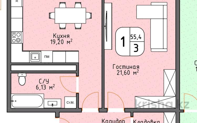 1-комнатная квартира, 55.4 м², 1/3 этаж, Заречный 1 — Баня Аквалюкс за ~ 10.5 млн 〒 в Актобе, жилой массив Заречный-1 — фото 2