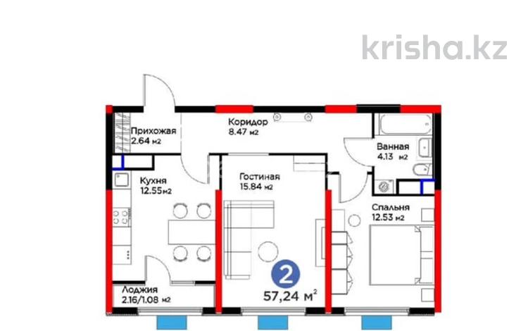 2-комнатная квартира, 57 м², 3/12 этаж, Байдибек би 115/10 за 25 млн 〒 в Шымкенте — фото 2