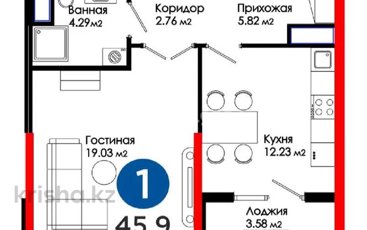 1-комнатная квартира, 46 м², 2/9 этаж, мкр Кайтпас 1, К. Толеметова