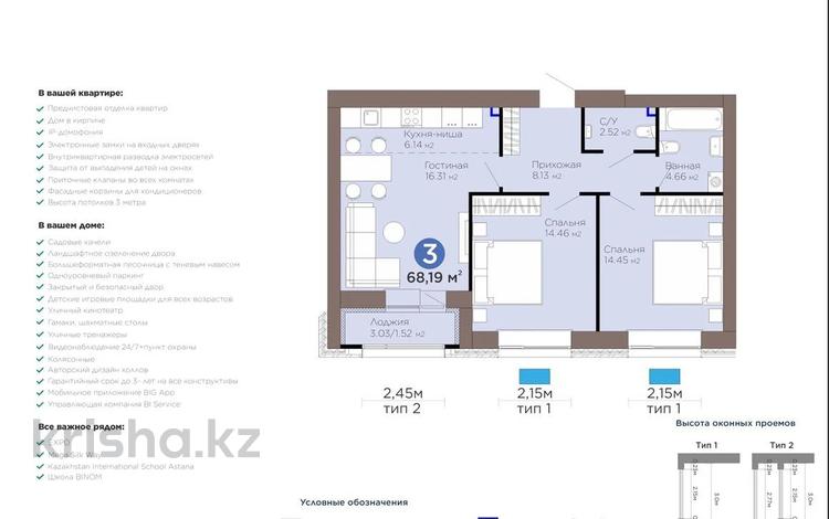 3-комнатная квартира · 68 м² · 6/12 этаж, Турар Рыскулов 24ф — Горячая цена за 50 млн ₸ в Астане, Есильский р-н — фото 3