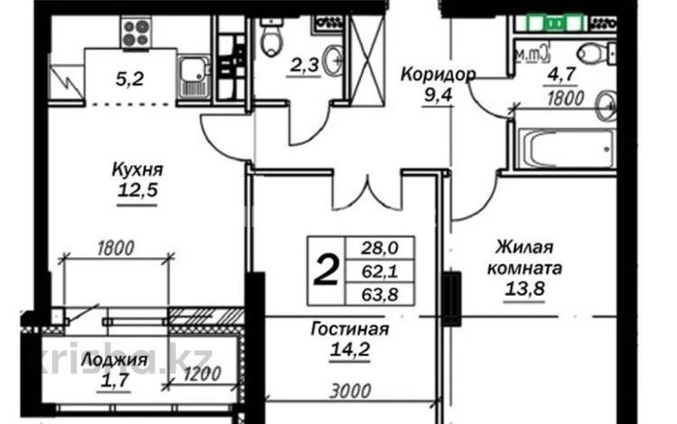 2-бөлмелі пәтер · 62.1 м² · 3/17 қабат, мкр Юго-Восток, Республики 23, бағасы: 32 млн ₸ в Караганде, Казыбек би р-н — фото 2