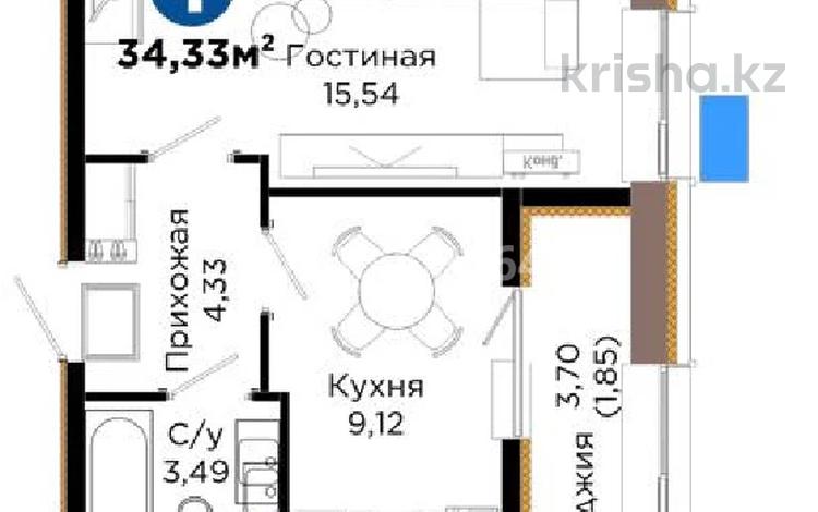 1-комнатная квартира · 34.33 м² · 12/12 этаж, Хусейн бен Талал 1, 11/1-2 за 22 млн ₸ в Астане, Нура р-н — фото 2