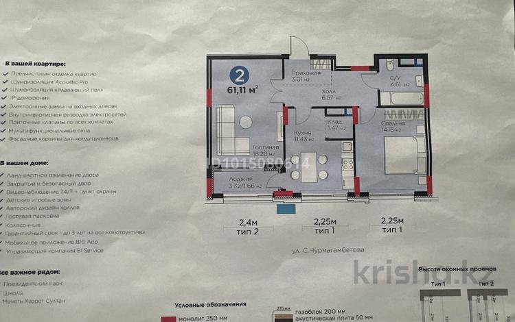 2-бөлмелі пәтер · 61.11 м² · 8/9 қабат, Сагадат Нурмагамбетов 15/1, бағасы: 42 млн ₸ в Астане, Сарайшык р-н — фото 2