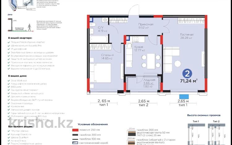 2-комнатная квартира · 71.24 м² · 2/9 этаж, Е-899 3 — срочно самая низкая цена! за 54 млн ₸ в Астане, Нура р-н — фото 2