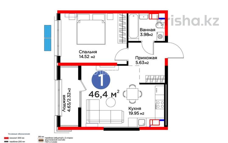 1-комнатная квартира · 46.9 м² · 8/12 этаж, К. Толеметова 64/3 за 31 млн 〒 в Шымкенте, Абайский р-н — фото 2