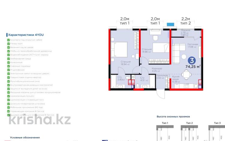3-комнатная квартира, 74.25 м², Вдоль улицы Рыскулова 32 за ~ 39.4 млн 〒 в Шымкенте, Аль-Фарабийский р-н — фото 2
