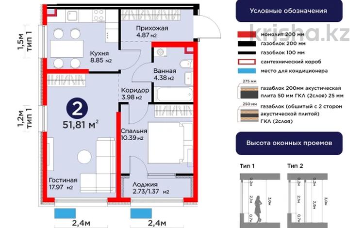 2-бөлмелі пәтер · 51.81 м² · 2/6 қабат, ​Гажайып микрорайон, бағасы: 39.5 млн ₸ в Алматы, Алатауский р-н — фото 2