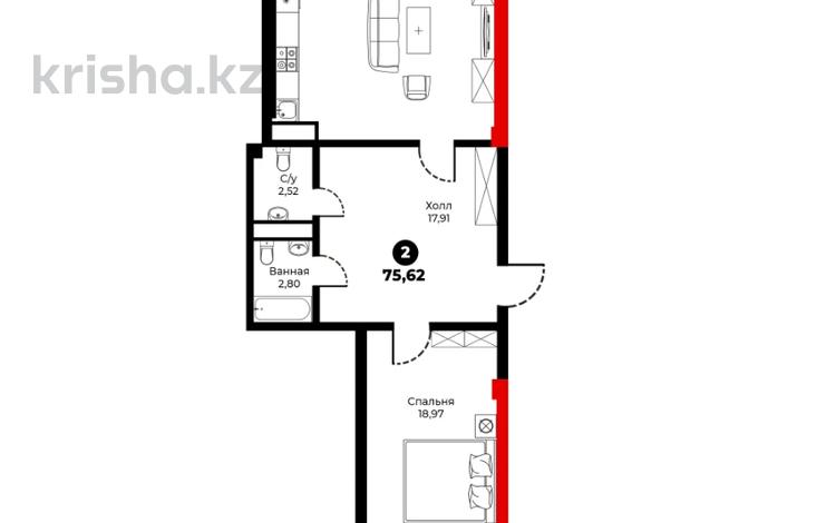 2-комнатная квартира, 75.62 м², 4/13 этаж, E-10 J за ~ 32.8 млн 〒 в Шымкенте — фото 2