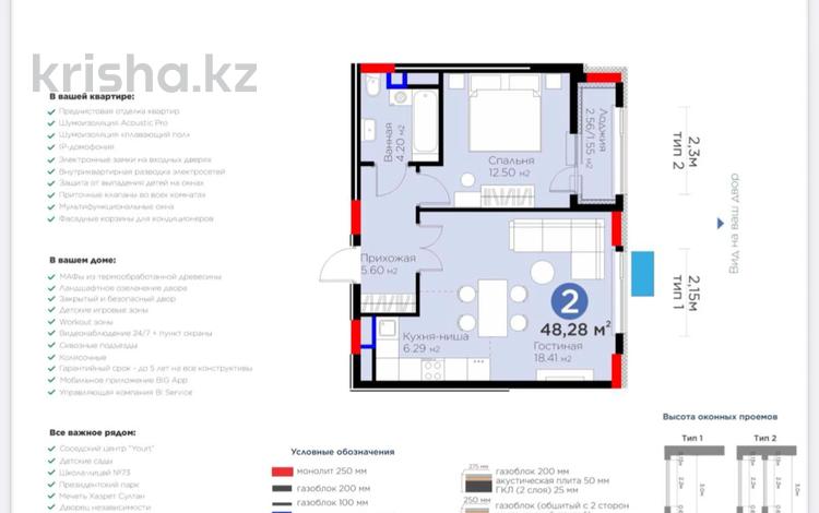 2-бөлмелі пәтер · 48.28 м² · 7/8 қабат, Нурмагамбетова 17, бағасы: ~ 30 млн 〒 в Астане — фото 2