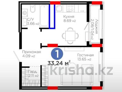 1-бөлмелі пәтер · 34 м² · 8/9 қабат, Е 908 23, бағасы: 18.5 млн ₸ в Астане, Нура р-н
