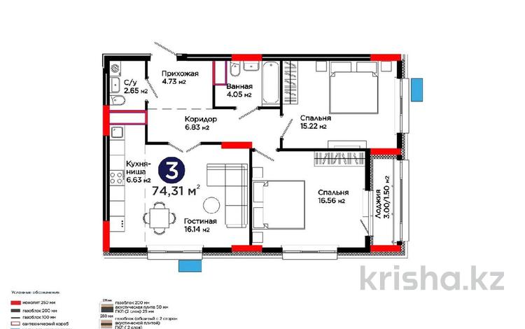 3-бөлмелі пәтер · 74.31 м² · 8/9 қабат, Е-321 6/2, бағасы: 44.5 млн ₸ в Астане, Есильский р-н — фото 2