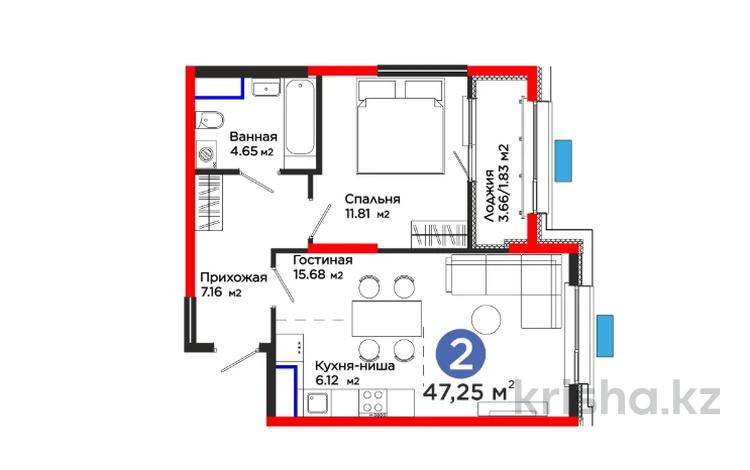 2-комнатная квартира · 47 м², Калдаякова за 24.3 млн ₸ в Шымкенте, Туран р-н — фото 2