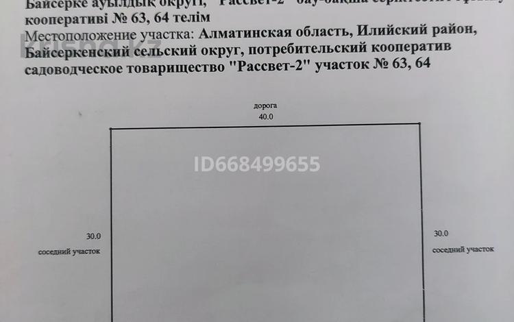 Жер телімі · 12 сотық, Рассвет 2 дачный массив участок 63-64, бағасы: 15 млн ₸ в Байсерке — фото 2
