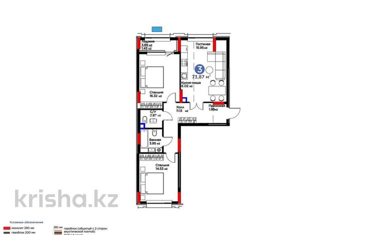 3-бөлмелі пәтер · 73.87 м² · 2/9 қабат, Туран 57/6, бағасы: 48.5 млн ₸ в Астане, Нура р-н — фото 2
