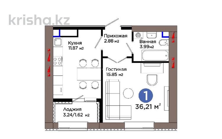 1-комнатная квартира · 36.21 м² · 9/12 этаж, Е 909 — Улы Дала /Айтматова за 26.5 млн ₸ в Астане, Нура р-н — фото 2