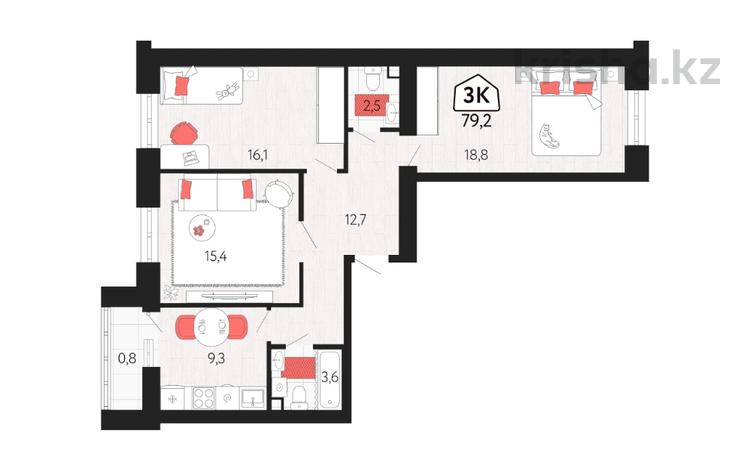 3-комнатная квартира · 79.8 м² · 9/9 этаж, Назарбаева за ~ 35.9 млн ₸ в Костанае — фото 2