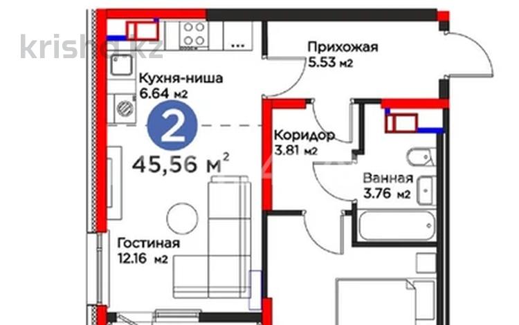 2-комнатная квартира · 45.56 м² · 10/16 этаж, Тулеметова за 25 млн ₸ в Шымкенте — фото 2