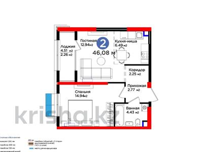 2-комнатная квартира, 46.08 м², 2/12 этаж, К. Толеметова за ~ 21.8 млн 〒 в Шымкенте, Абайский р-н