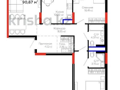 3-комнатная квартира · 90.67 м² · 3/12 этаж, Е-15 5 за 61 млн ₸ в Астане, Нура р-н