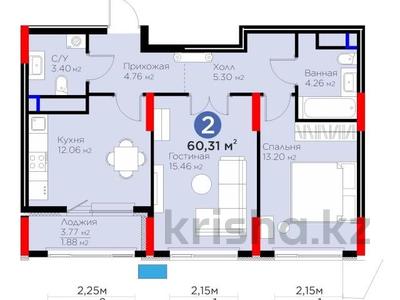2-комнатная квартира · 60.31 м² · 2/14 этаж, Бухар Жырау 33 за 42.7 млн 〒 в Астане, Есильский р-н