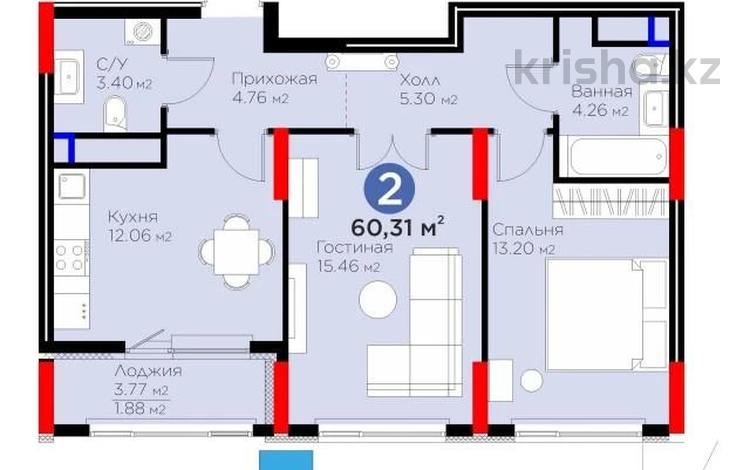2-комнатная квартира · 60.31 м² · 2/14 этаж, Бухар Жырау 33 за 42.7 млн 〒 в Астане, Есильский р-н — фото 2
