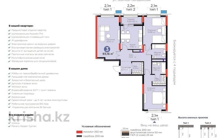 3-бөлмелі пәтер · 93.16 м² · 14/14 қабат, Сагадат Нурмагамбетов 17, бағасы: 70 млн ₸ в Астане, Сарайшык р-н — фото 3