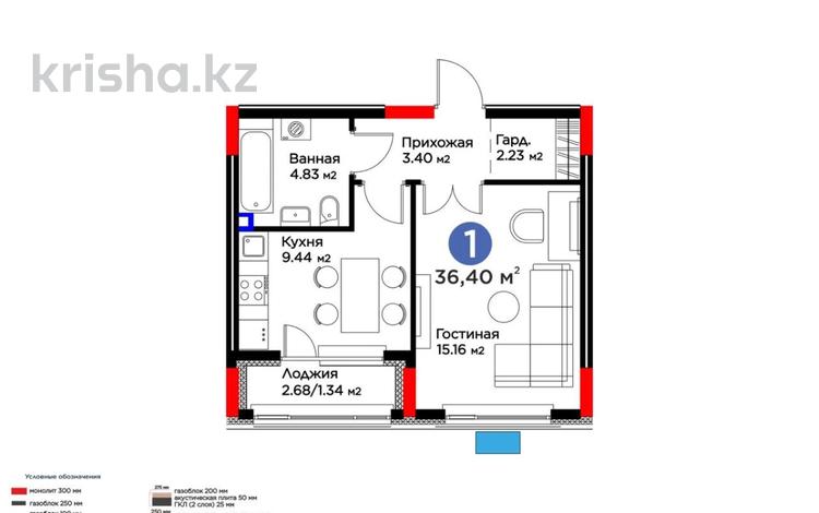 1-комнатная квартира · 36.4 м² · 2/9 этаж, ​Е 117 — ЖК Bosağa за 21.4 млн ₸ в Астане, Есильский р-н — фото 8