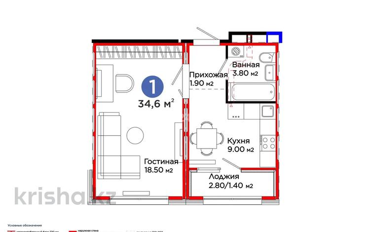 1-комнатная квартира · 34.5 м², Аль-Фараби 46/21 за 23 млн ₸ в Астане, Есильский р-н — фото 2
