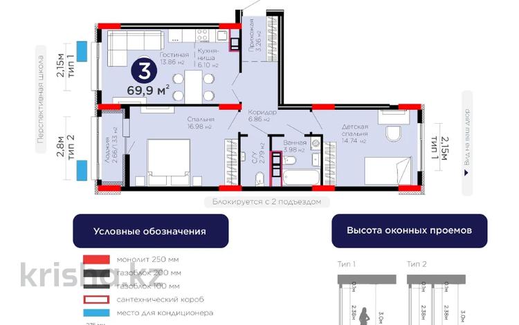 3-комнатная квартира · 70 м² · 5/8 этаж, Бухар жырау 31/1 — САМАЯ ВЫГОДНАЯ ЦЕНА за 54 млн ₸ в Астане, Есильский р-н — фото 2