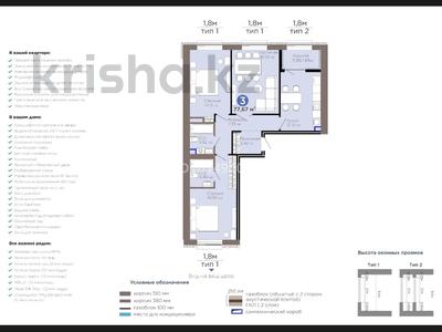 3-комнатная квартира · 77.64 м² · 8/9 этаж, Е 909 29 за 52 млн ₸ в Астане, Нура р-н