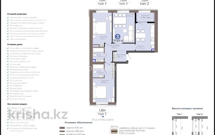 3-комнатная квартира · 77.64 м² · 8/9 этаж, Е 909 29 за 52 млн ₸ в Астане, Нура р-н — фото 2