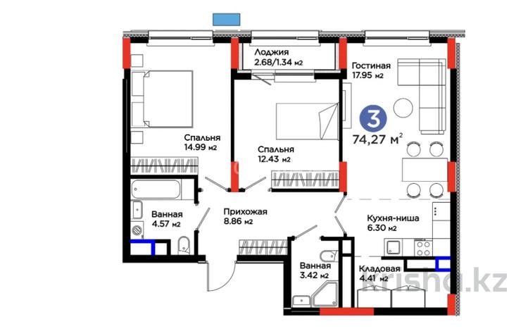 3-бөлмелі пәтер · 74.27 м² · 4/12 қабат, Турар Рыскулов 18/1, бағасы: 57 млн ₸ в Астане, Есильский р-н — фото 2