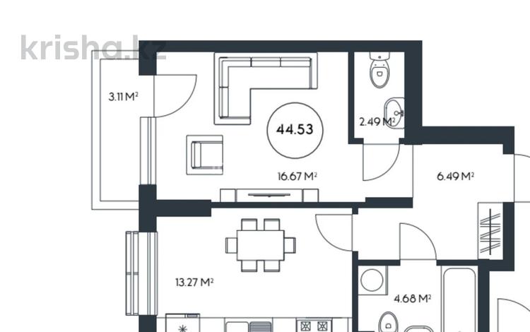 2-комнатная квартира · 44.55 м² · 3/3 этаж, Сейдимбек 102/2 за 38.7 млн ₸ в Алматы, Наурызбайский р-н — фото 2