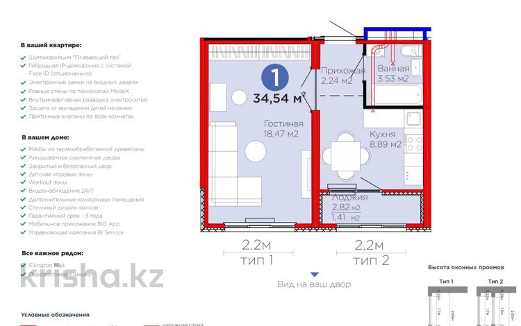1-комнатная квартира · 34.5 м² · 12/17 этаж, Улы Дала 14 за 19.5 млн ₸ в Астане, Нура р-н — фото 2