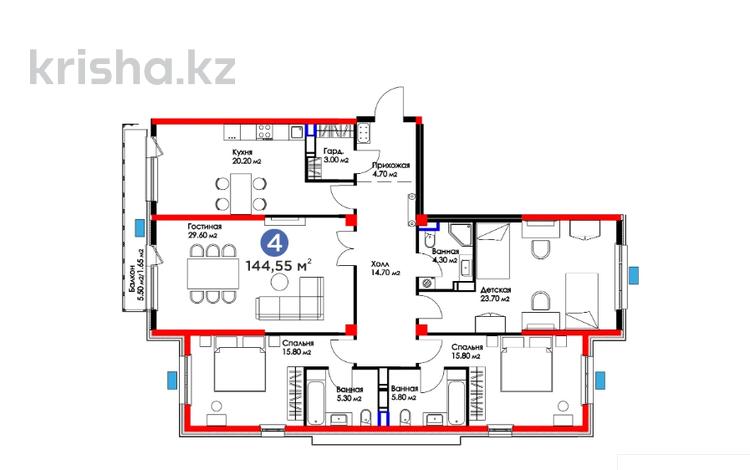 4-бөлмелі пәтер · 144.55 м² · 4/16 қабат, К. Толеметова 64/4, бағасы: ~ 76.2 млн 〒 в Шымкенте — фото 2