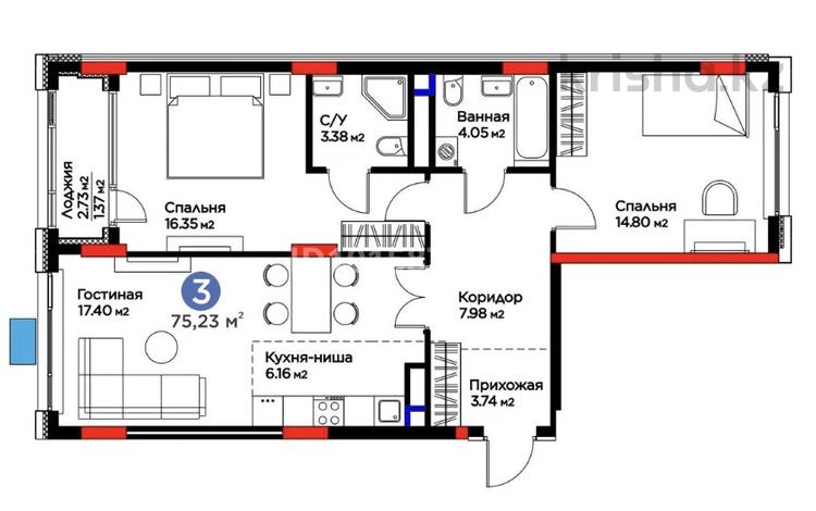 3-бөлмелі пәтер · 75 м² · 4/17 қабат, Жошы хан 10, бағасы: 60 млн ₸ в Астане, Есильский р-н — фото 2