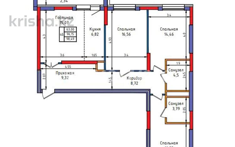 3-комнатная квартира · 98.49 м² · 2/9 этаж, Казыбек би 1/3 за ~ 37.4 млн ₸ в Усть-Каменогорске — фото 2