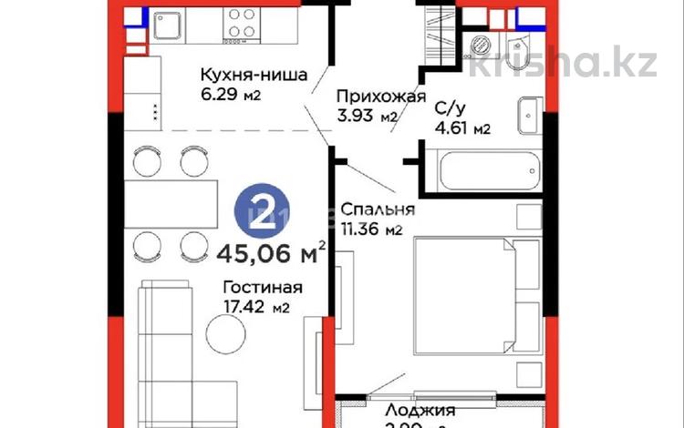 2-бөлмелі пәтер · 45 м² · 4/6 қабат, Ақжар ш/а., Белжайлау 47а, бағасы: 37 млн ₸ в Алматы, Наурызбайский р-н — фото 2