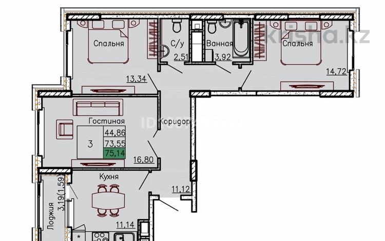 3-бөлмелі пәтер · 76 м² · 16 қабат, Санжара Асфендиярова 8, бағасы: 60 млн ₸ в Астане, Нура р-н — фото 2
