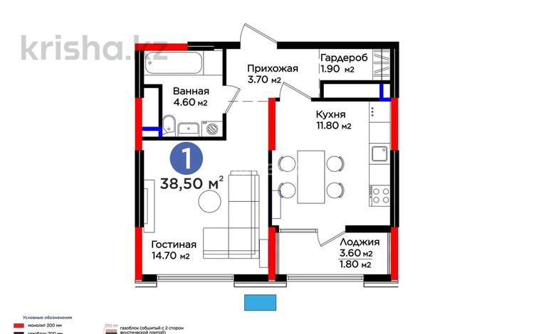 1-бөлмелі пәтер · 38.5 м² · 3/16 қабат, Нұрсәт ш/а, Байтерекова 12, бағасы: 30 млн ₸ в Шымкенте, Каратауский р-н — фото 4