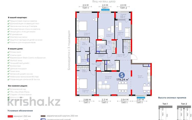 5-комнатная квартира · 179 м² · 3/14 этаж, Е 116 2 за 250 млн ₸ в Астане, Есильский р-н — фото 2