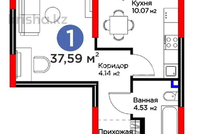 1-комнатная квартира · 37.59 м² · 1 этаж, мкр Акжар, Белжайлау 47а за 32 млн ₸ в Алматы, Наурызбайский р-н — фото 2
