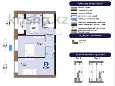 2-комнатная квартира · 51.53 м² · 3/9 этаж, Е 101 5 — Вдоль проспекта Туран за 32 млн ₸ в Астане, Нура р-н